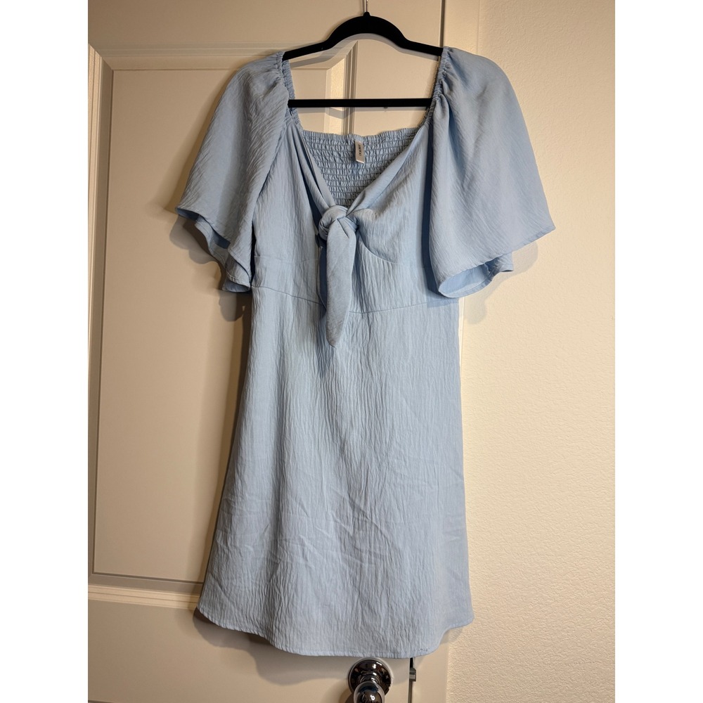 Dokotoo Light Blue Tie Front Smocked Back Flutter Sleeve Mini Dress Womens